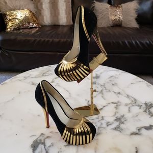 Black suede/velvet & gold platform high heel sandals with red bottoms